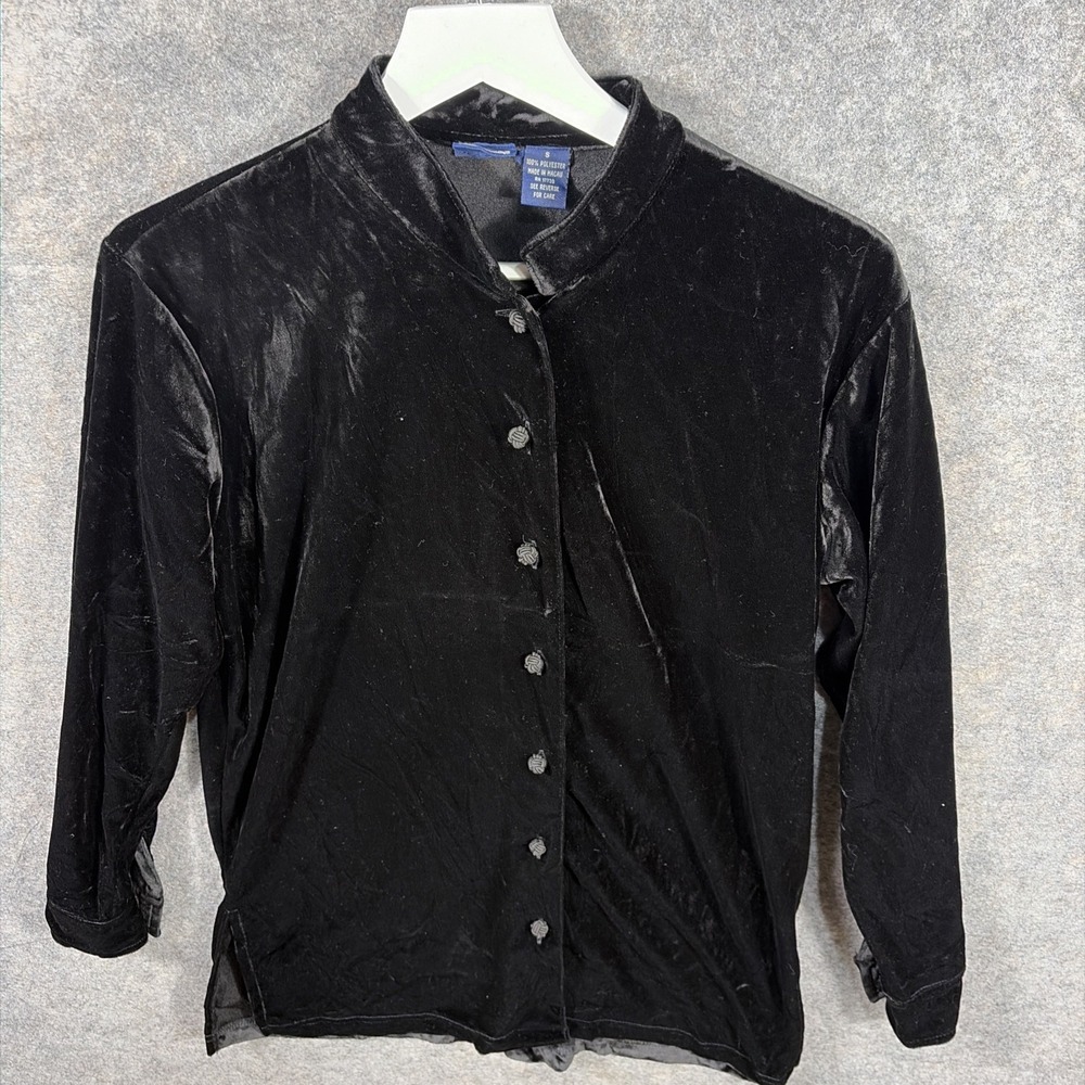 Vintage Honors Button Shirt Women's Small‎ Black Suede Velour Y2K Collared - Picture 2 of 11